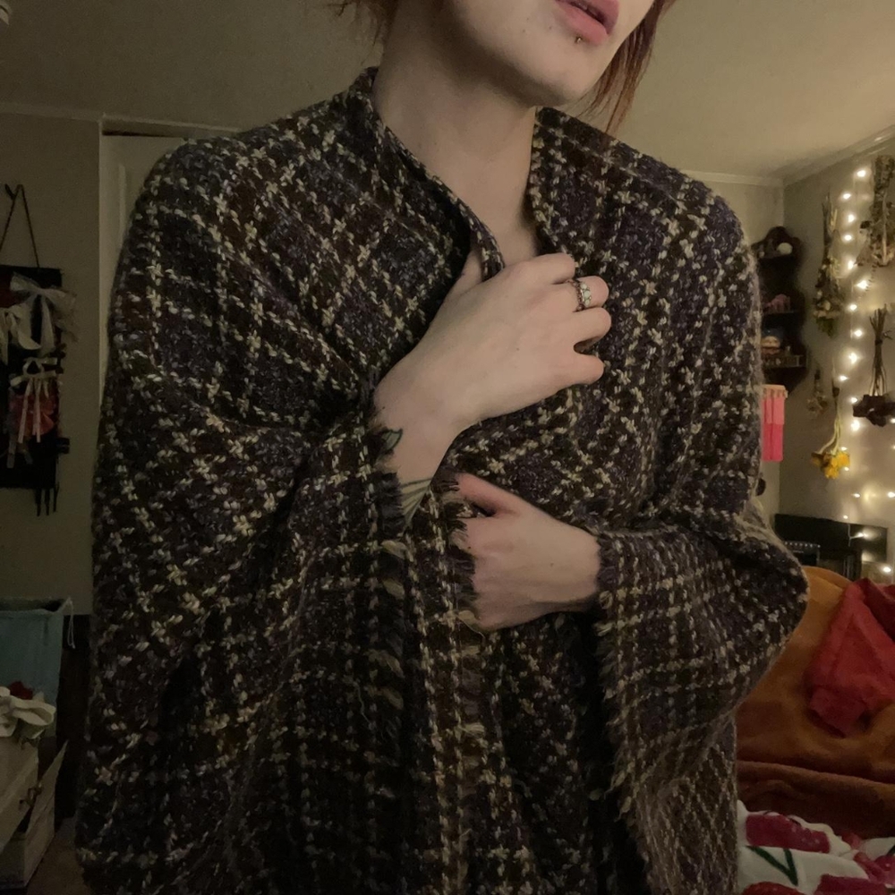 Vintage Open Front Plaid Poncho Shawl Wrap Tweed Open Size - Picture 6 of 6